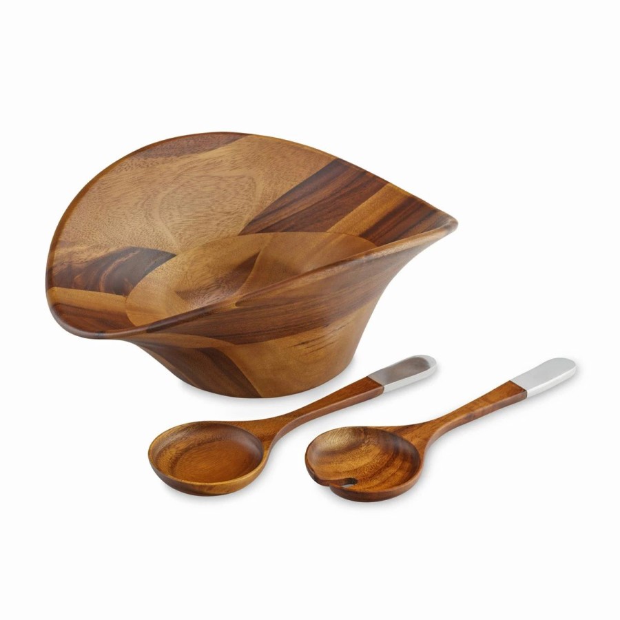 Bowls * | Nambe Ripple 10 Gourmet Wood Salad Bowl With Servers