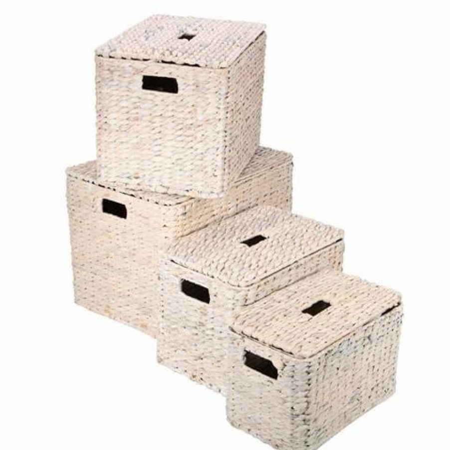 Storage * | Peter'S Rectangular Lidded Basket White Set 4Pce