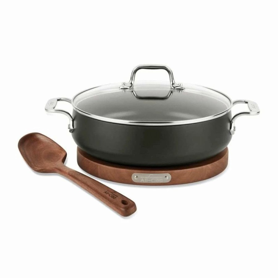 Dutch Ovens & Braisers * | All-Clad Ha1 Hard Anodized Nonstick 6 Qt. Dutch Oven With Acacia Wood Trivet & Spoon