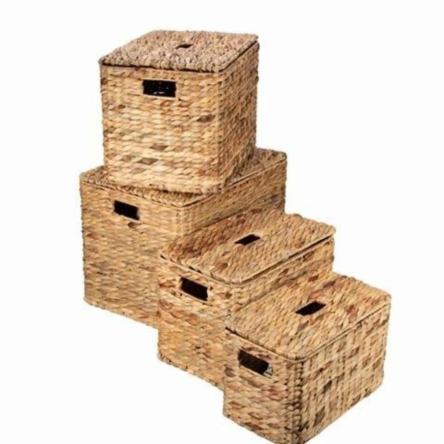 Storage * | Peter'S Rectangular Lidded Basket Natural Set 4Pce