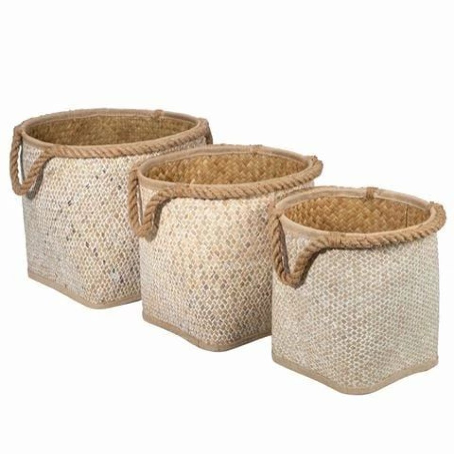 Storage * | Peter'S Palm Leaf Storage Basket Set White Wash 3Pce