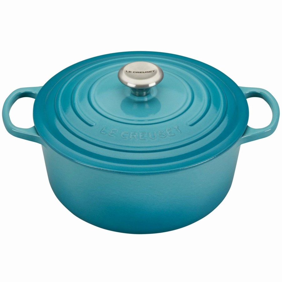 Dutch Ovens & Braisers * | Le Creuset 5.5 Qt. Round Signature Cast Iron Dutch Oven With Stainless Steel Knob | Caribbean Blue