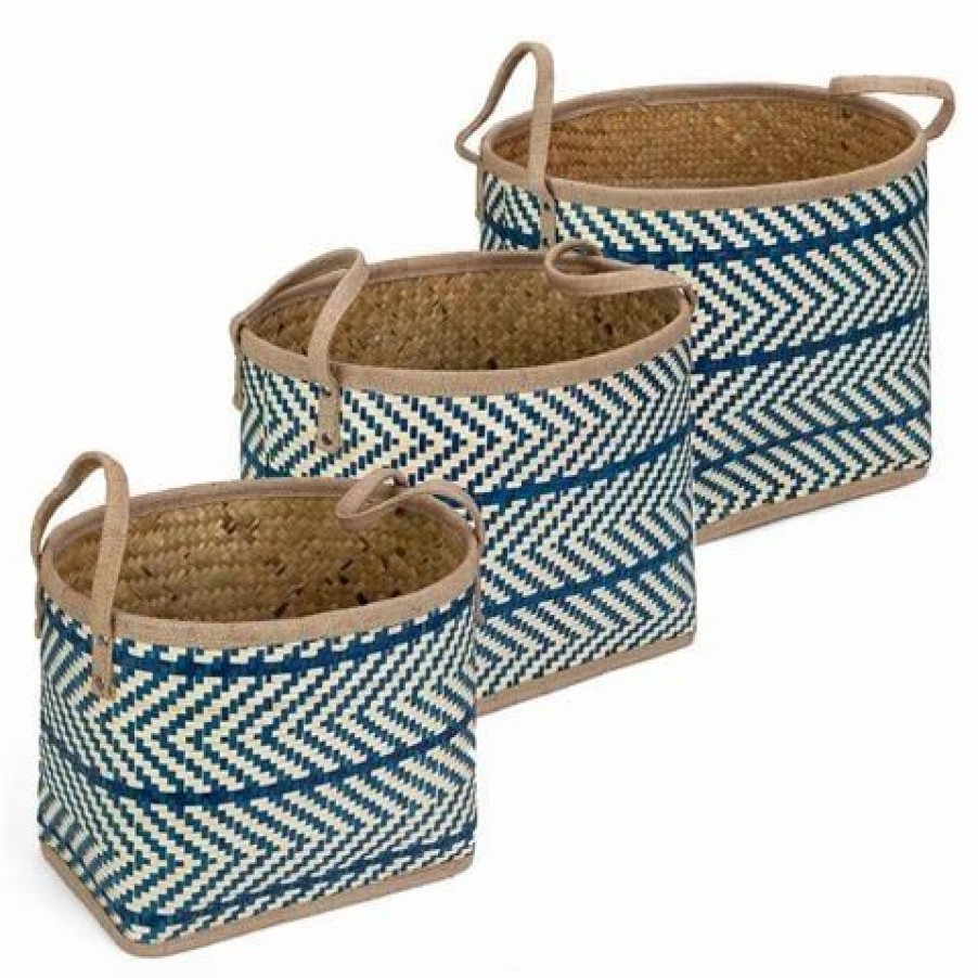 Storage * | Peter'S Palm Leaves Oval Basket Blue Set 3Pce