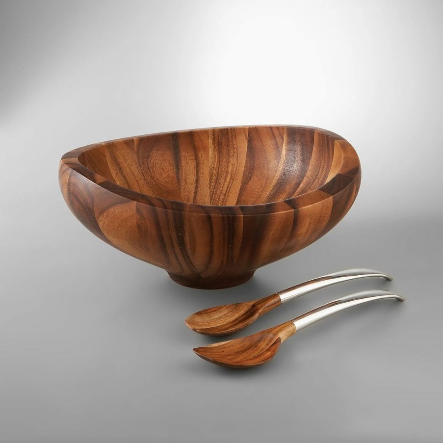 Bowls * | Nambe Mills, Inc. Nambe Metal And Wood 4 Qt Butterfly Salad Bowl With Servers Set