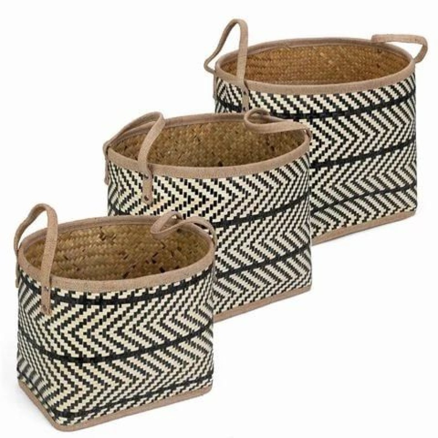 Storage * | Peter'S Palm Leaves Oval Basket Black Set 3Pce