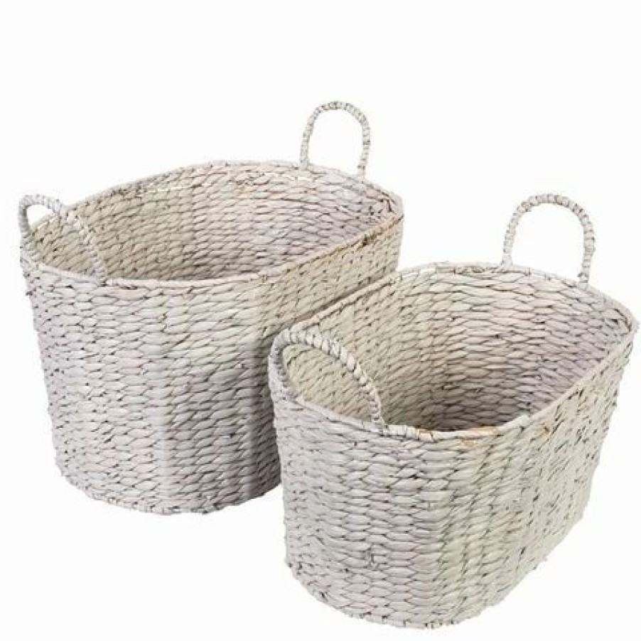 Storage * | Peter'S Hyacinth Whitewash Oval Basket Storage Set 2Pce