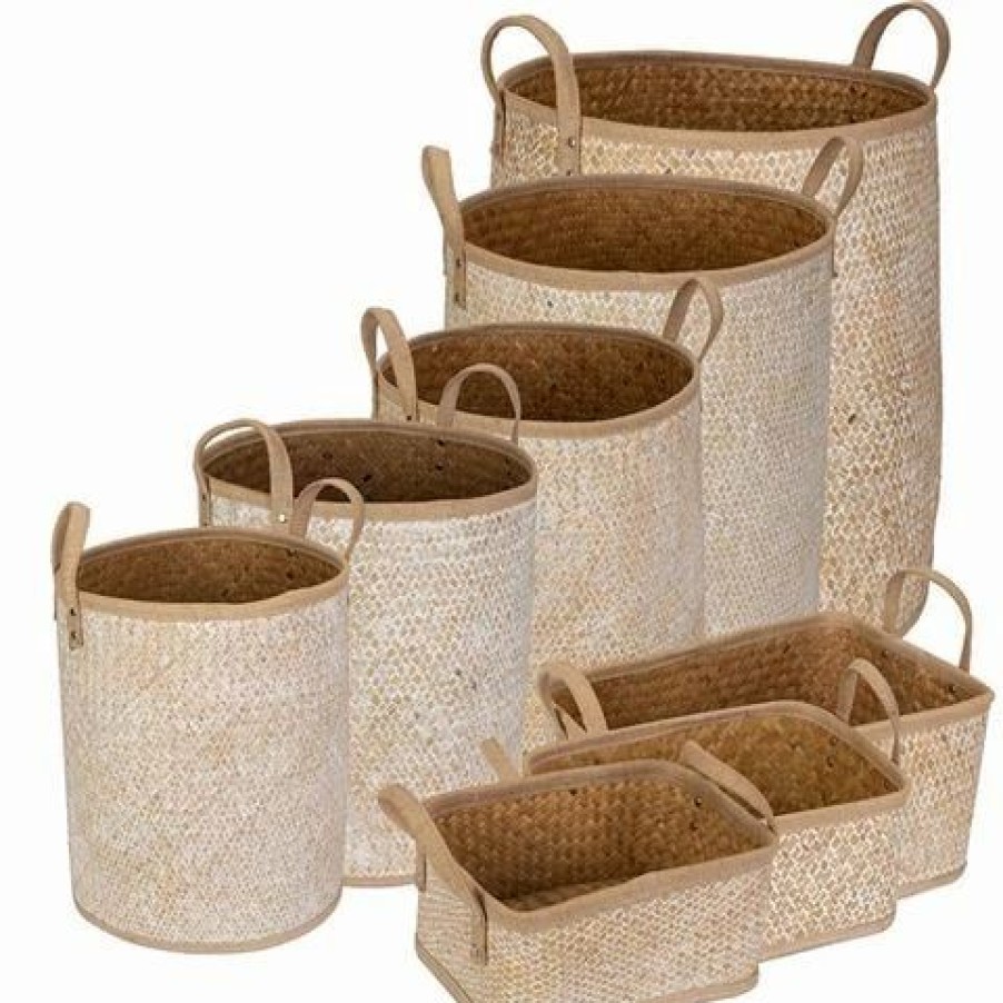 Storage * | Peter'S Palm Leaves Combo Basket Natural & White Set 8Pce