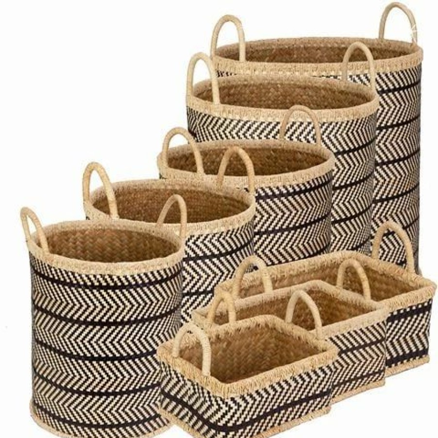 Storage * | Peter'S Palm Leaves Combo Basket Black & White Set 8Pce