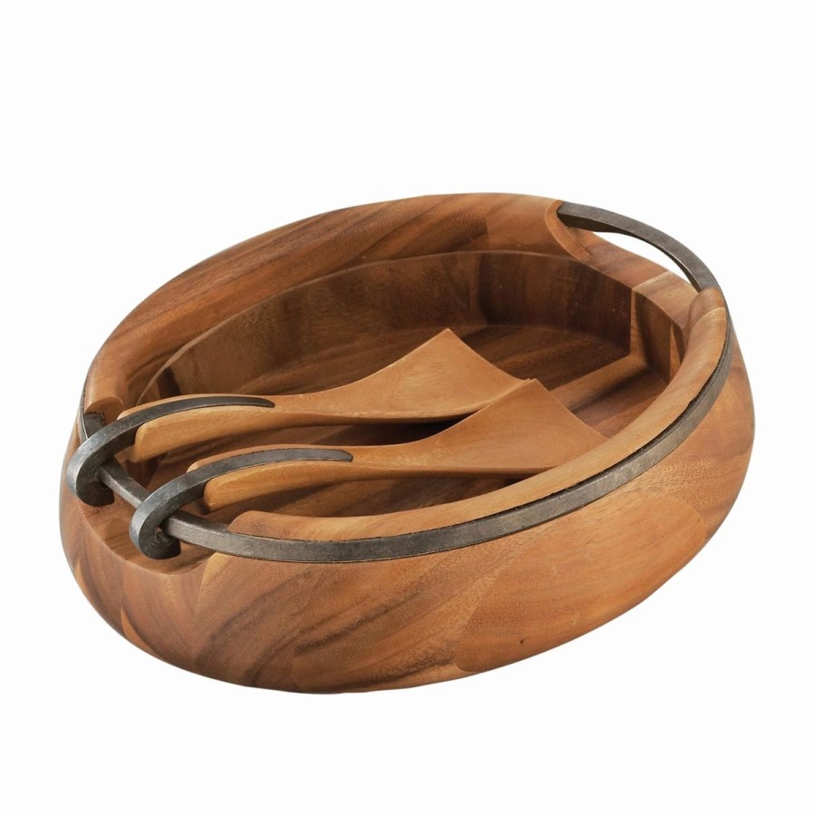 Bowls * | Nambe Mills, Inc. Nambe Anvil Oval Wood 13 Salad Bowl With Servers