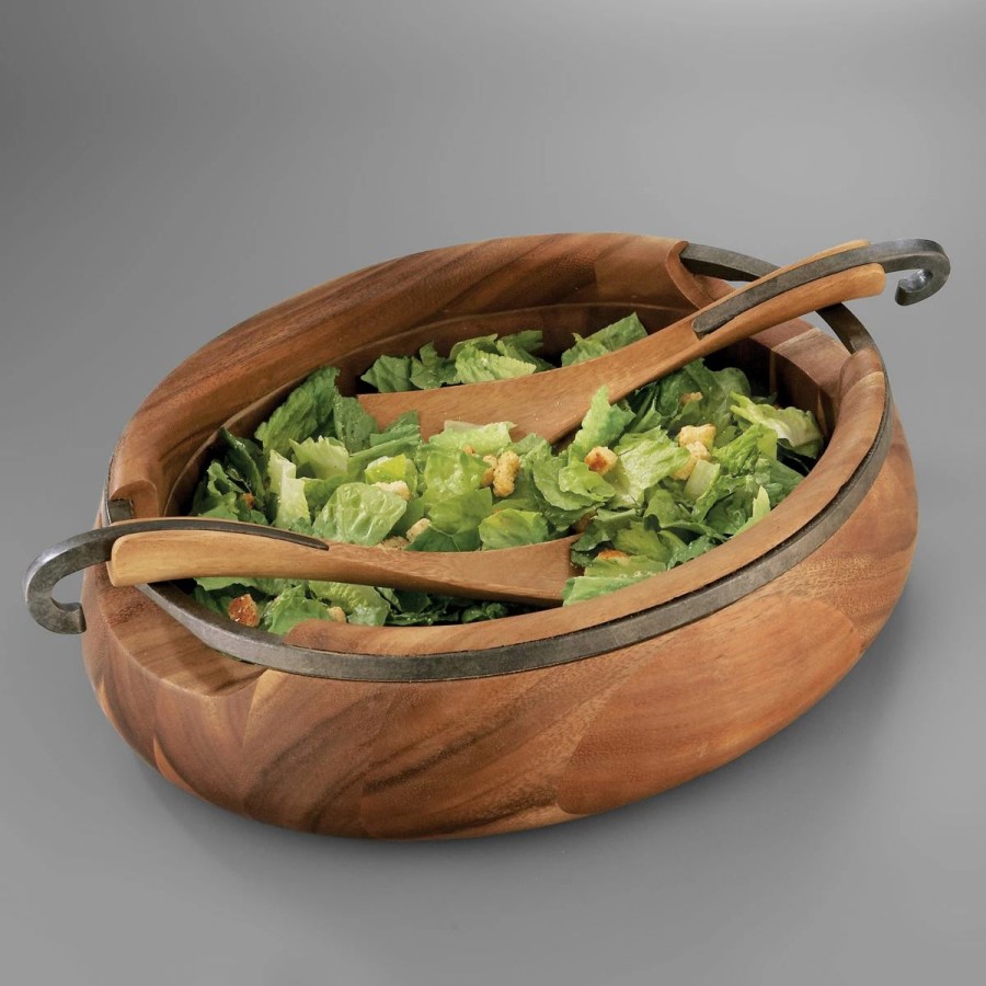 Bowls * | Nambe Mills, Inc. Nambe Anvil Oval Wood 13 Salad Bowl With Servers