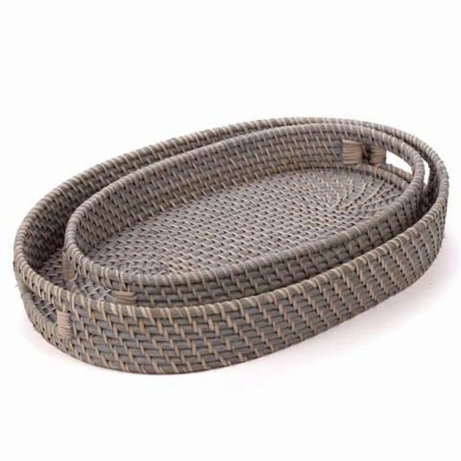 Storage * | Rattan Tray Oval Greywash Set 2Pce